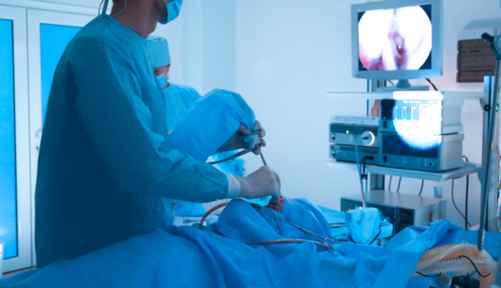 Cirurgião plástico realizando uma rinoplastia fechada em uma paciente.