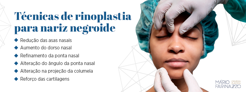 Técnicas de rinoplastia para nariz negroideRedução das asas nasais
Aumento do dorso nasal
Refinamento da ponta nasal
Alteração do ângulo da ponta nasal
Alteração na projeção da columela
Reforço das cartilagens