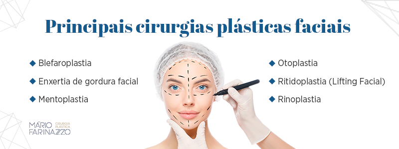 Principais cirurgias plásticas faciais: blefaroplastia, enxertia de gordura facial, mentoplastia, otoplastia, ritidoplastia (lifting facial) e rinoplastia.